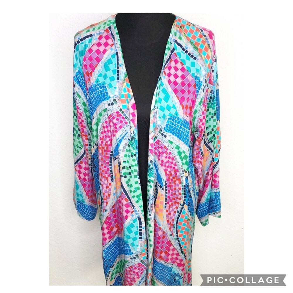 Soft Surroundings blue pink mosaic open front long jacket size Large /‎ XL